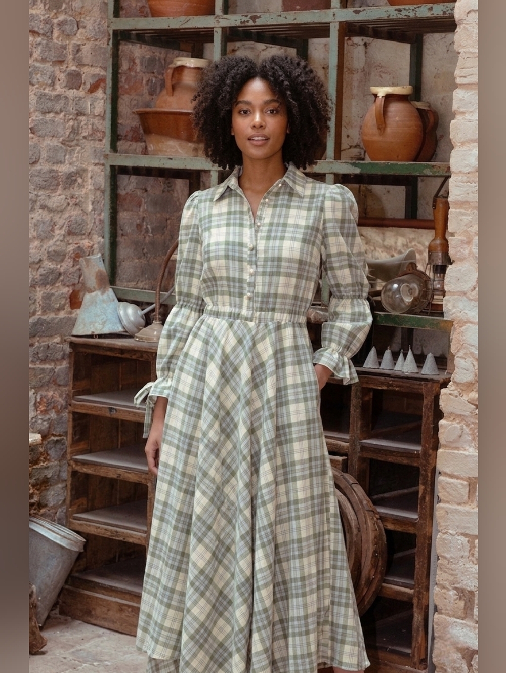 NWT Sister Jane Humble Check Midi in Green Plaid Tie Sleeve Maxi Dress M - Picture 2 of 7